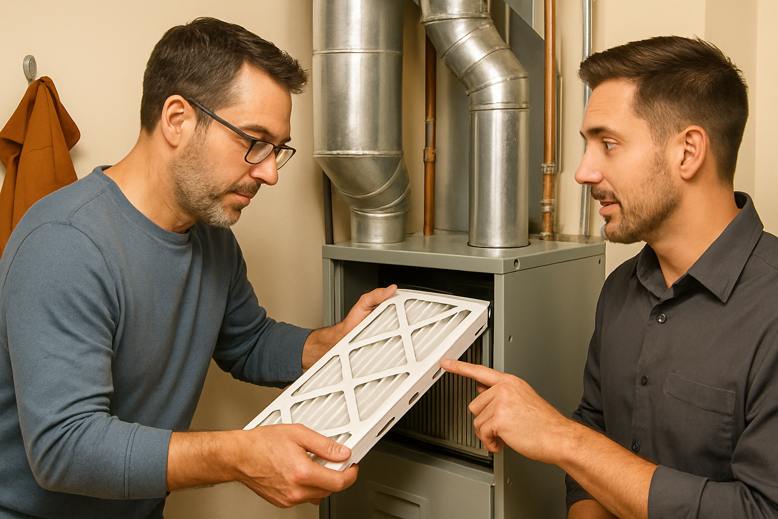 Close-up of a homeowner replacing a furnace air filter in a clean utility room, with an HVAC technician nearby pointing to airflow arrows, warm indoor lighting and autumn jacket hanging on a hook