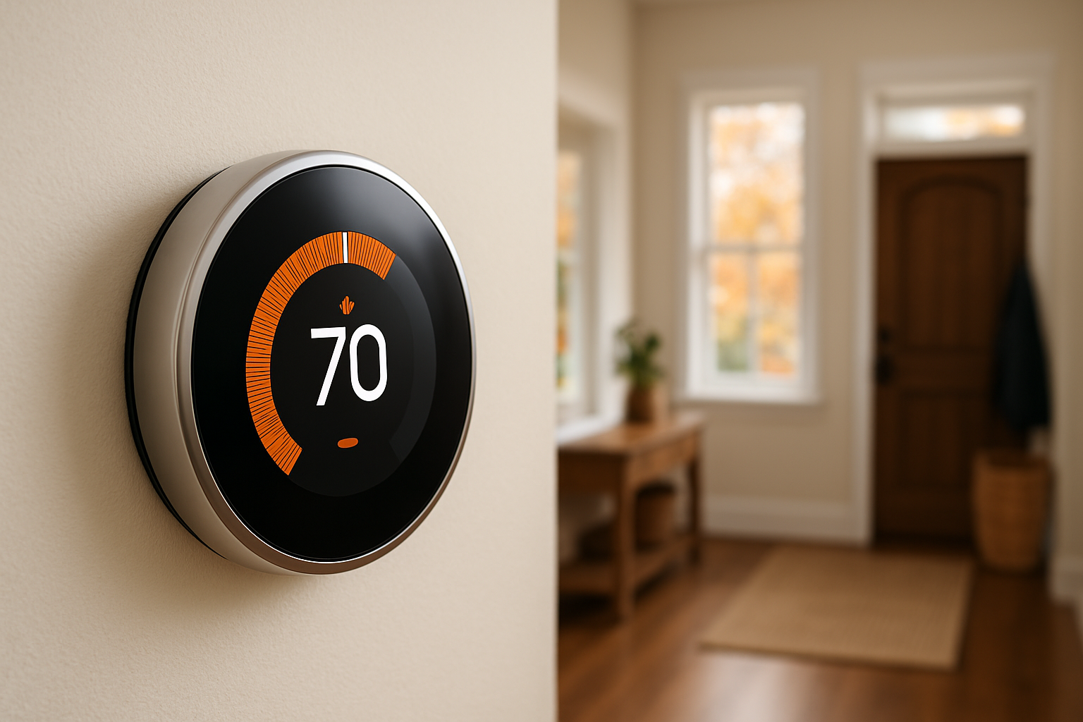 Modern smart thermostat on a hallway wall set to heating mode, with a blurred background of a tidy Minnesota home entryway, fall leaves visible through a nearby window