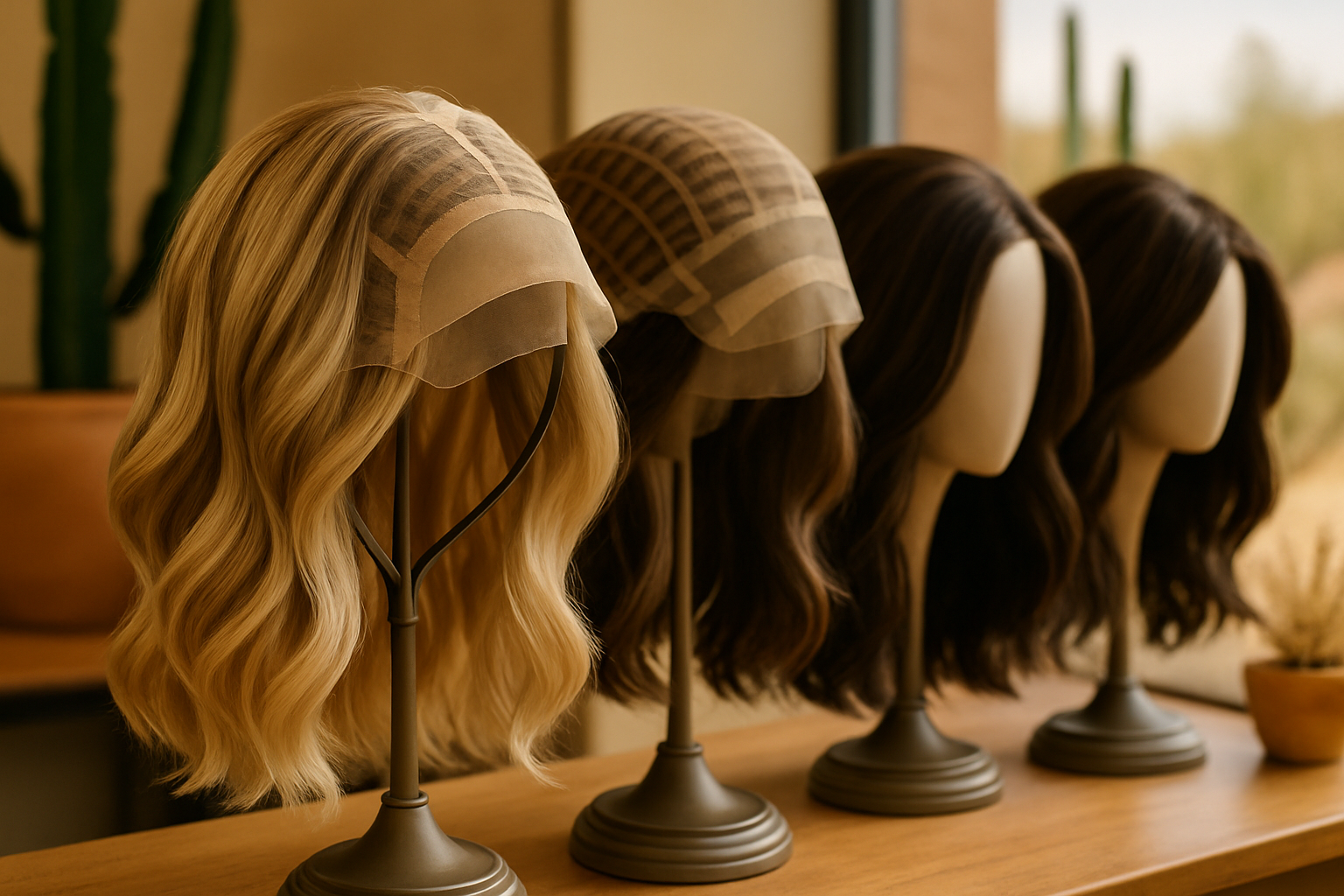 Close-up of several premium wigs displayed on elegant stands inside a Tucson wig boutique, showing lace front caps, open-wefted construction, soft blonde and brunette shades, with warm natural light and desert-inspired decor
