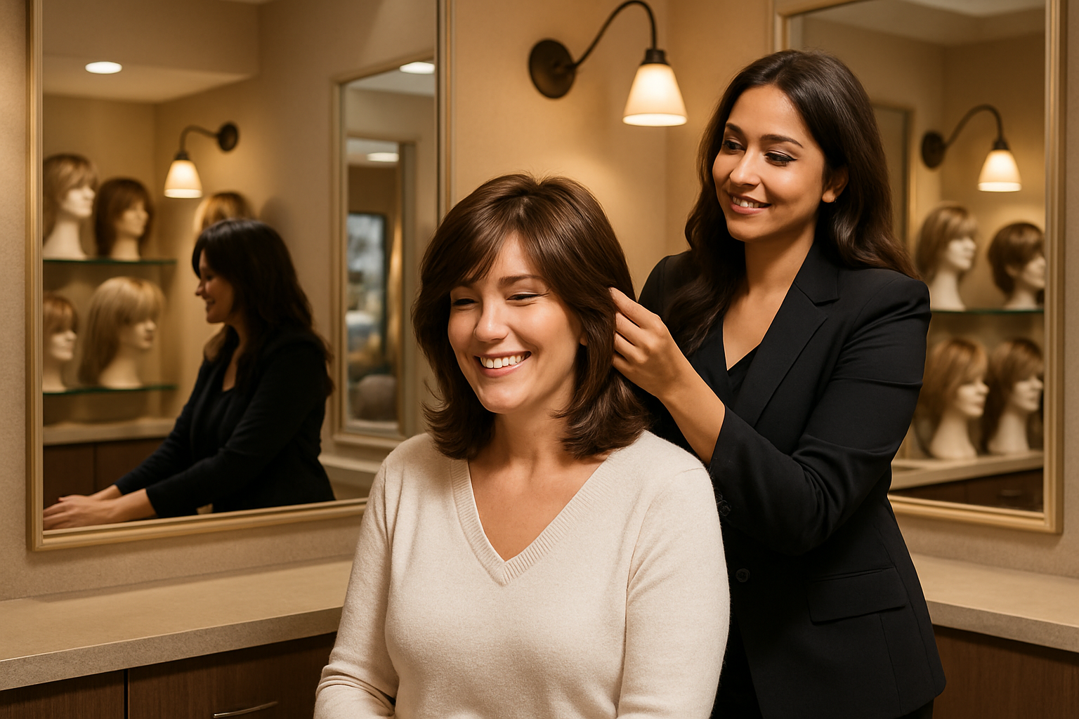Friendly wig consultant helping a smiling customer try on a lightweight layered brunette wig in a private boutique fitting area, with mirrors, soft lighting, elegant wig displays, and a welcoming Tucson salon atmosphere