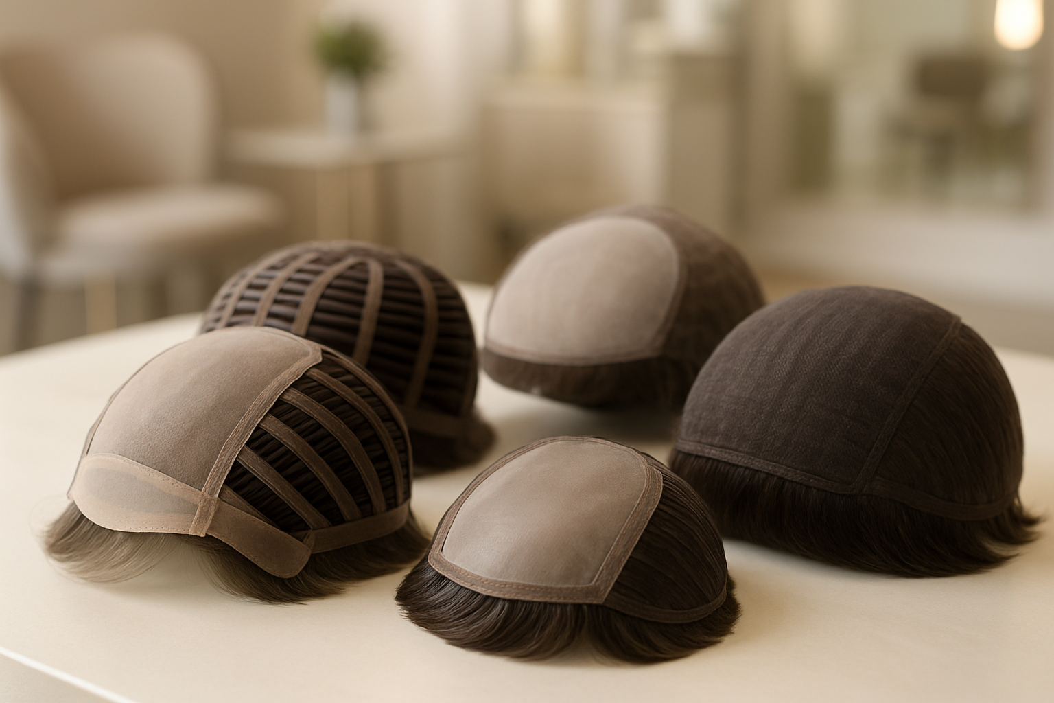 Close-up detail of several breathable wig cap constructions displayed on a clean boutique table, including lace front, monofilament top, open wefted cap, and hand-tied cap, with soft natural lighting and elegant salon styling