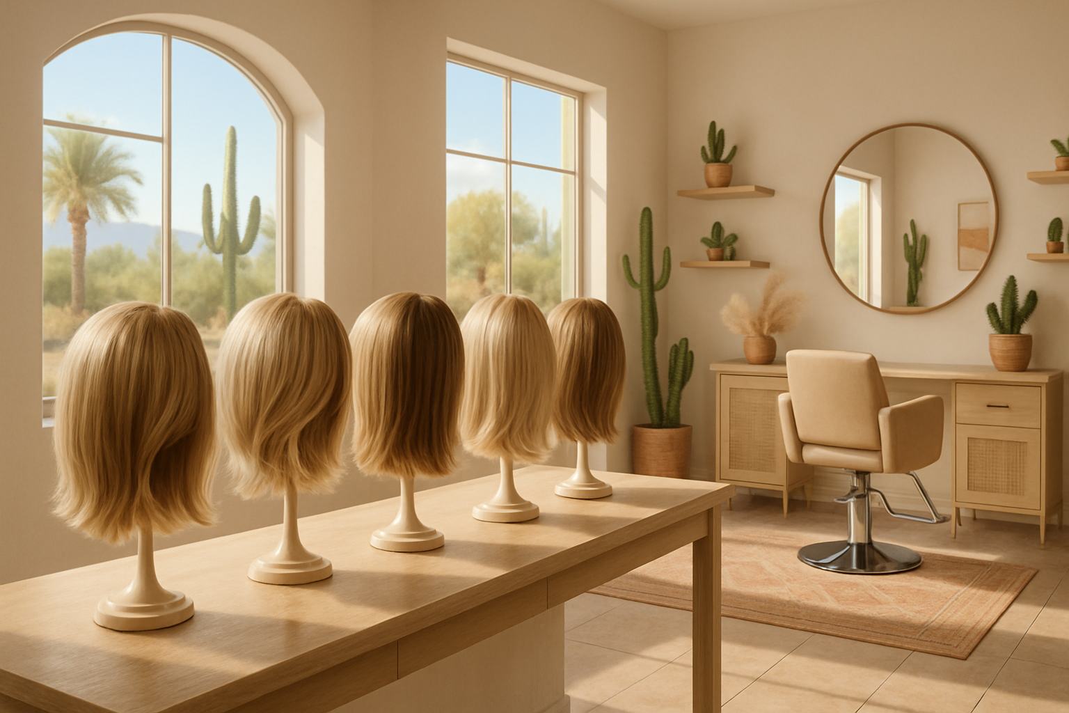 A bright, welcoming wig boutique in Tucson, Arizona with synthetic hair toppers displayed on elegant stands, soft desert sunlight coming through the windows, neutral decor, a styling chair, and warm Southwestern accents