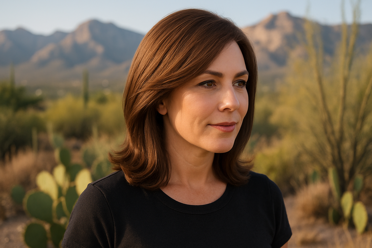 A woman wearing a natural-looking synthetic hair topper styled in a soft side part and face-framing layers, standing outdoors in Tucson with desert plants, warm August sunlight, and the Santa Catalina Mountains softly blurred in the background