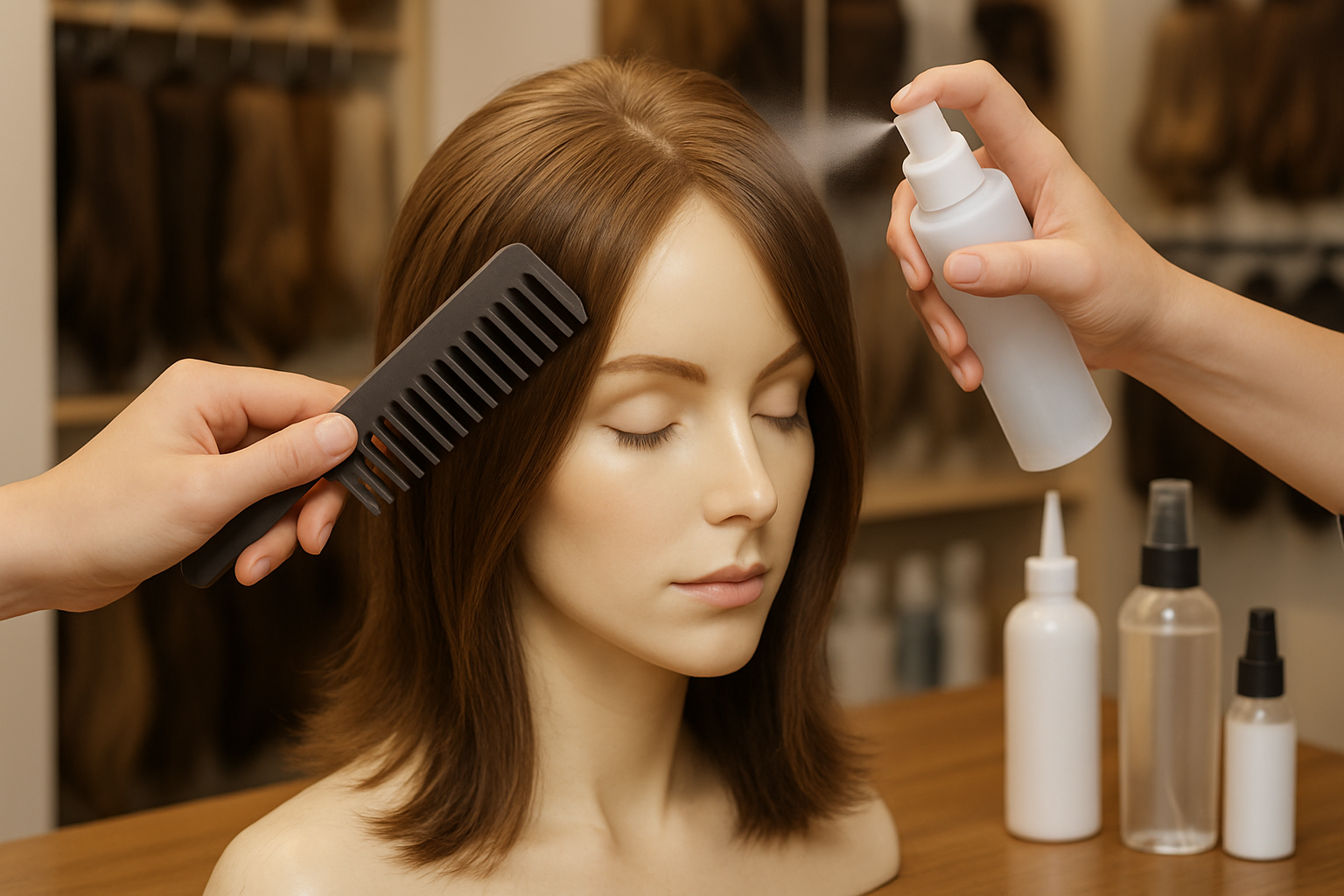 Close-up of a synthetic hair topper on a mannequin head being gently styled with a wide-tooth comb and synthetic-safe spray inside a Tucson wig boutique, with soft lighting and neatly organized hair care products nearby