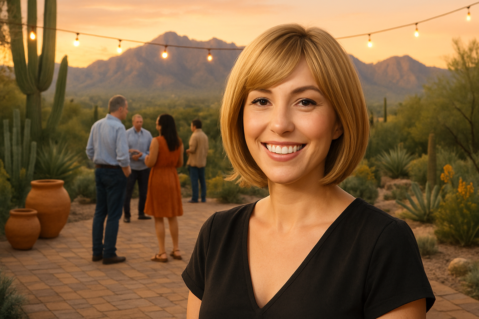 A stylish woman in a lightweight shoulder-length honey blonde wig smiling at an outdoor Tucson patio gathering in August, with desert landscaping, string lights, clay pots, and a warm sunset over the Catalina Mountains in the background