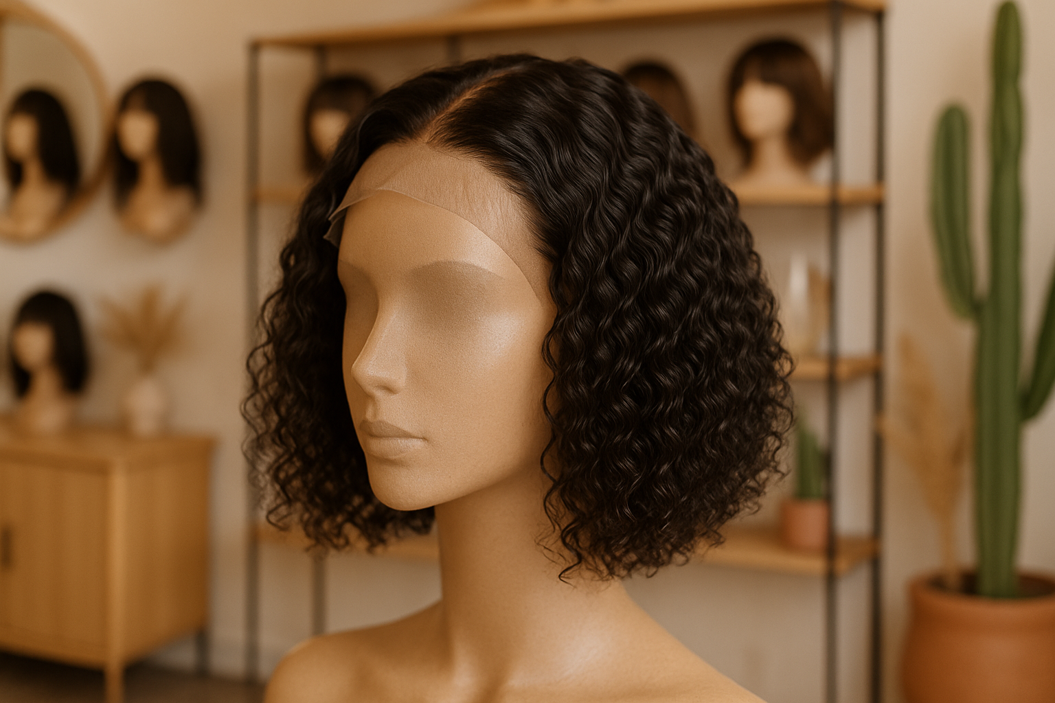 Close-up of a breathable lace front textured bob wig displayed on a mannequin inside a boutique wig salon in Tucson, with soft natural lighting, elegant shelving, and desert-inspired decor accents