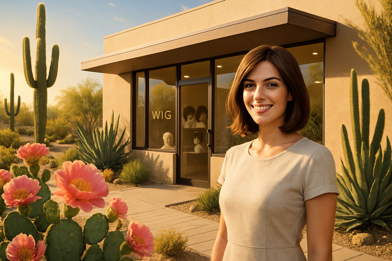 A bright Tucson summer morning outside a modern wig boutique, with desert landscaping, blooming cactus flowers, warm golden sunlight, and a stylish woman wearing a natural-looking shoulder-length wig smiling confidently near the storefront