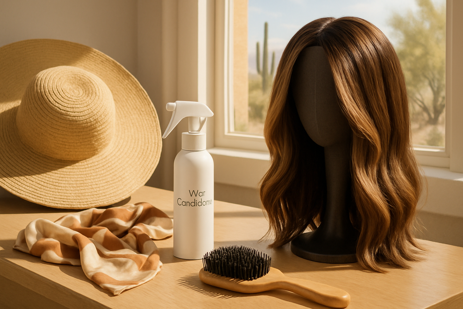 Close-up of a wig care station on a vanity with a wide-brimmed sun hat, wig-safe conditioning spray, a soft brush, silk scarf, and a natural-looking highlighted wig on a stand, with Tucson desert sunlight coming through a window