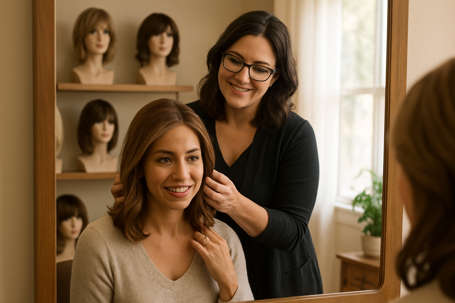 A warm and welcoming private wig consultation inside a Tucson boutique, with a caring stylist helping a customer try on a lightweight lace front wig in front of a mirror, surrounded by elegant wig displays and soft natural lighting