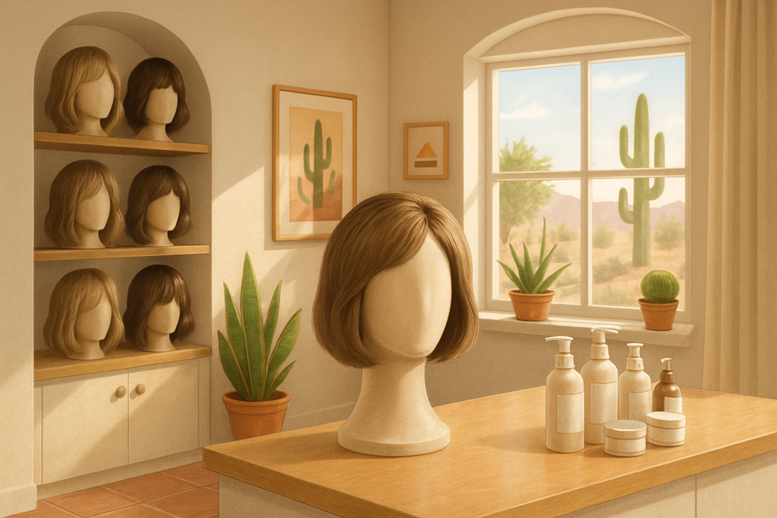 A bright and welcoming Tucson wig boutique interior with a synthetic hair topper displayed on a mannequin head, soft natural light coming through the window, desert-inspired decor, and neatly arranged wig care products on a counter