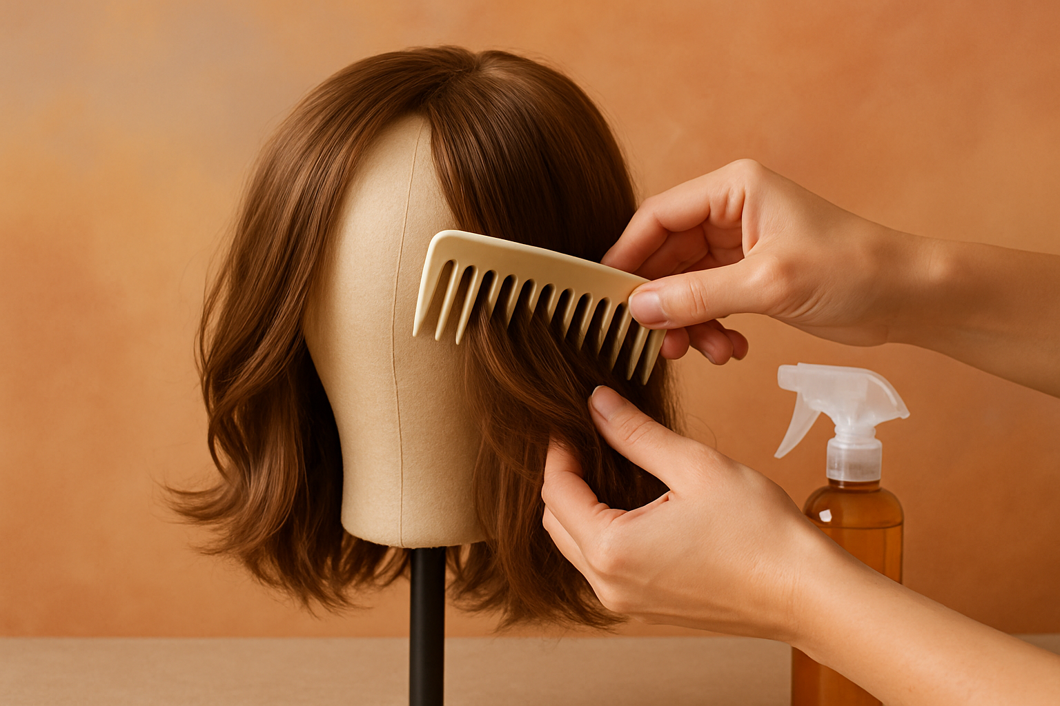 Close-up of hands gently detangling a shoulder-length synthetic hair topper with a wide-tooth comb on a wig stand, with synthetic-safe conditioning spray nearby and a warm Tucson desert color palette in the background