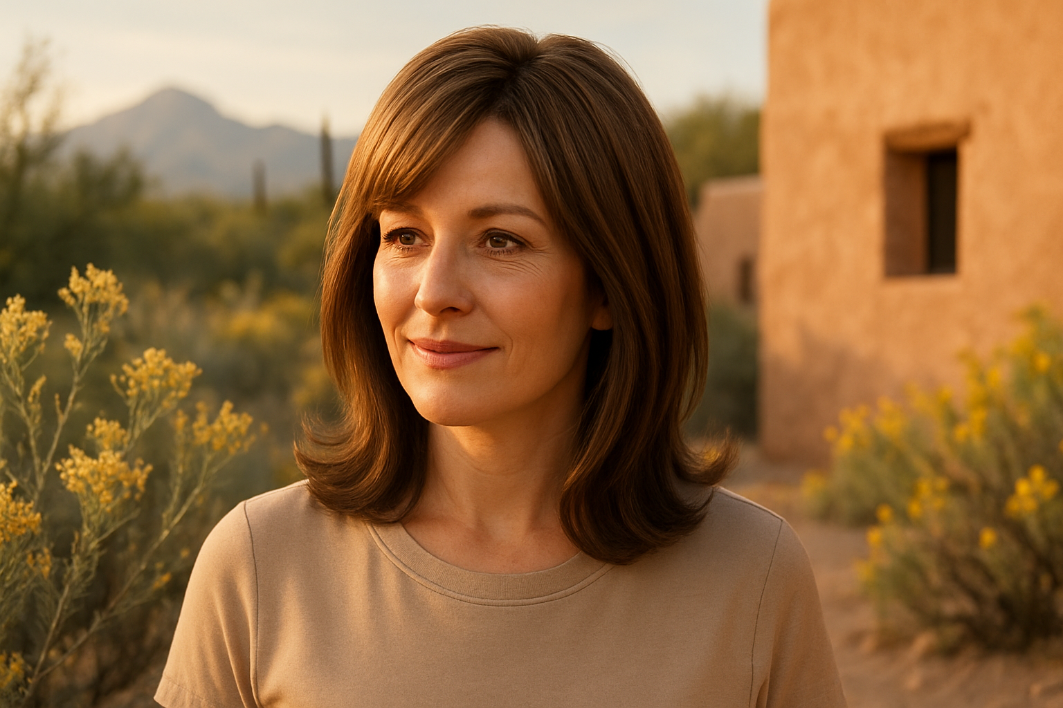 A woman wearing a natural-looking synthetic hair topper outdoors in Tucson in early September, standing near blooming desert plants and adobe architecture at golden hour, with soft sunlight and a warm desert landscape