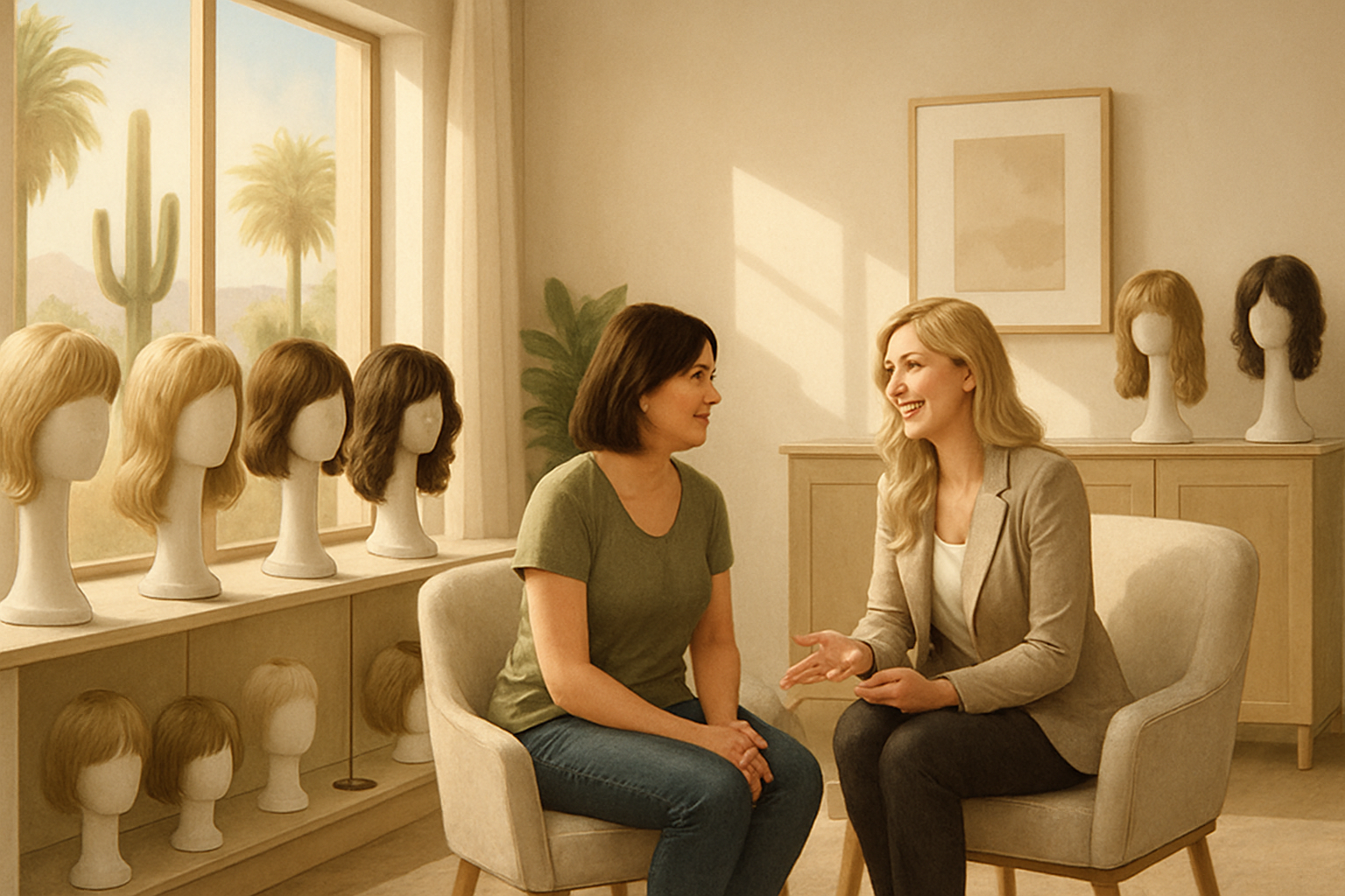 A bright, welcoming wig boutique in Tucson, Arizona with lightweight wigs displayed on elegant stands, warm desert sunlight coming through the window, soft neutral décor, and a customer consulting with a friendly stylist