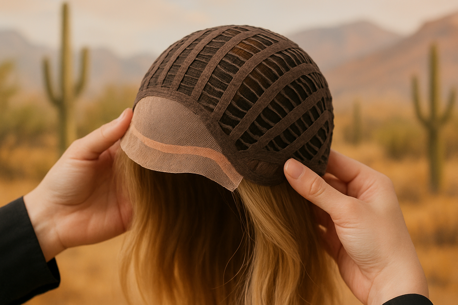 Close-up of a lightweight wig cap being held by a stylist, showing breathable open wefting, lace front detail, and soft fibers, with a Tucson desert color palette in the background