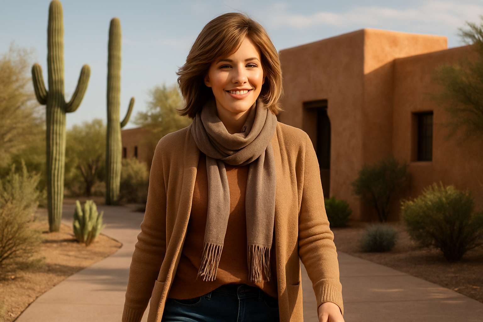 A confident woman wearing a lightweight layered wig walking outside in Tucson in September, with warm desert sunlight, saguaro cacti, adobe architecture, and a comfortable stylish fall outfit