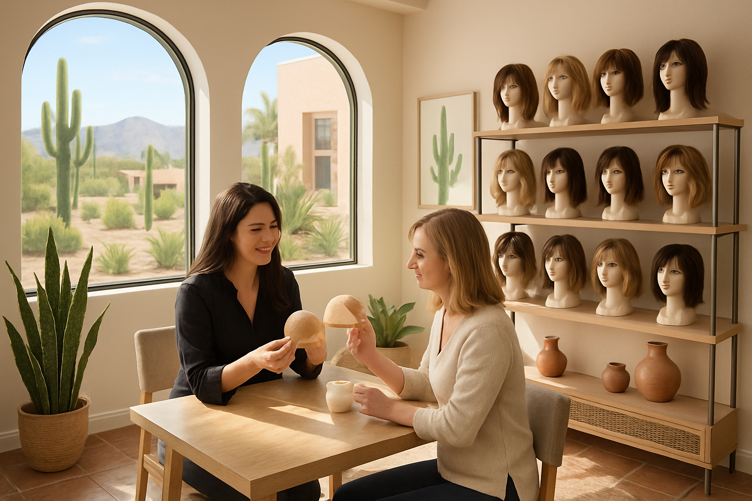 A bright, welcoming wig boutique in Tucson, Arizona with natural sunlight coming through large windows, elegant wig displays on mannequin heads, desert-inspired decor, and a stylist helping a customer compare lightweight wig caps at a consultation table