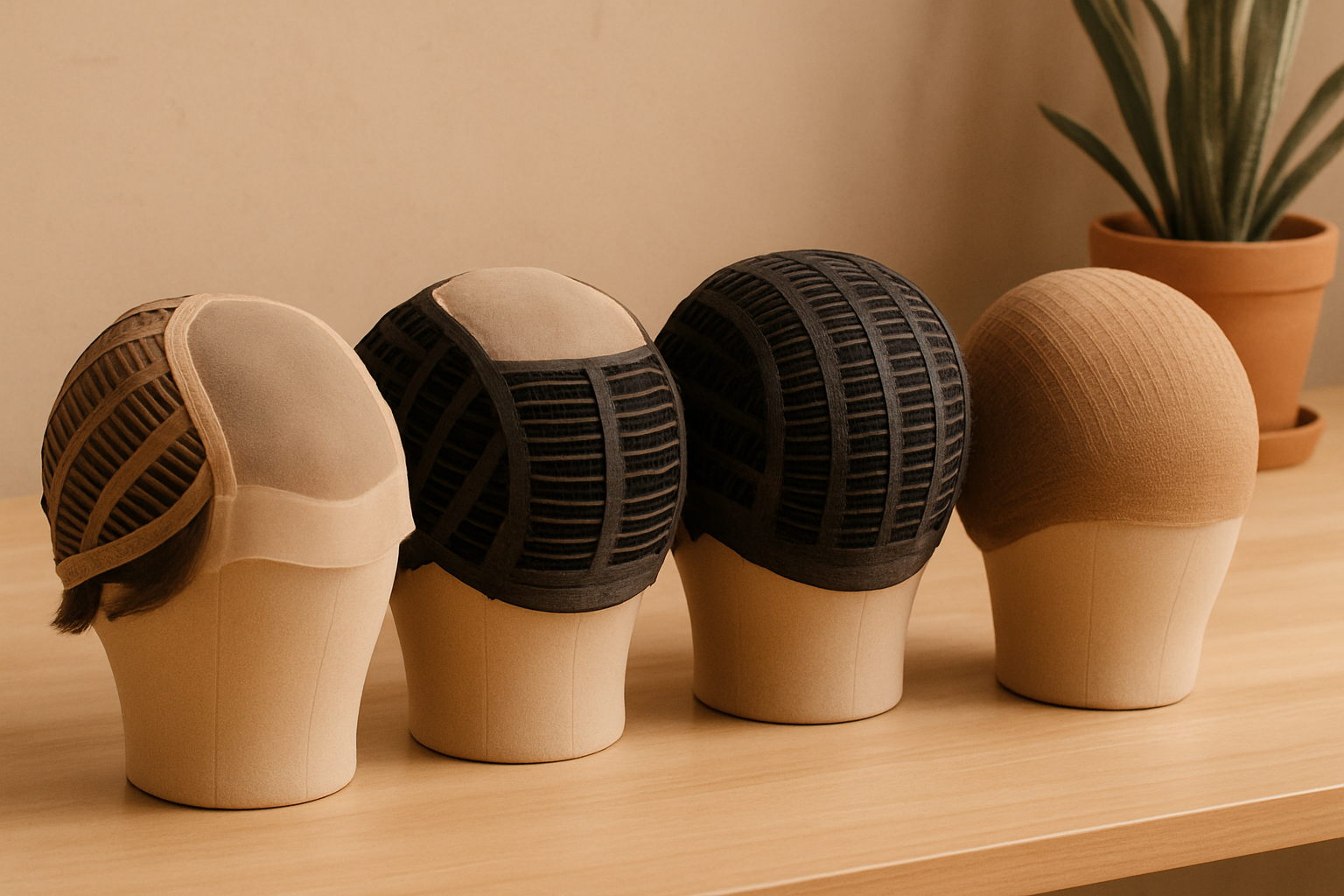 Close-up of several wig cap constructions displayed side by side on a clean styling table, including lace front, monofilament, open-wefted, and hand-tied caps, with a Tucson desert color palette and soft natural lighting