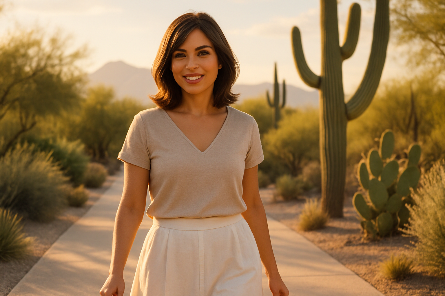 A confident woman wearing a lightweight natural-looking wig and breathable summer outfit walking outside in Tucson in early September, with desert landscaping, warm golden sunlight, saguaro cactus, and a stylish wide-brimmed hat in hand
