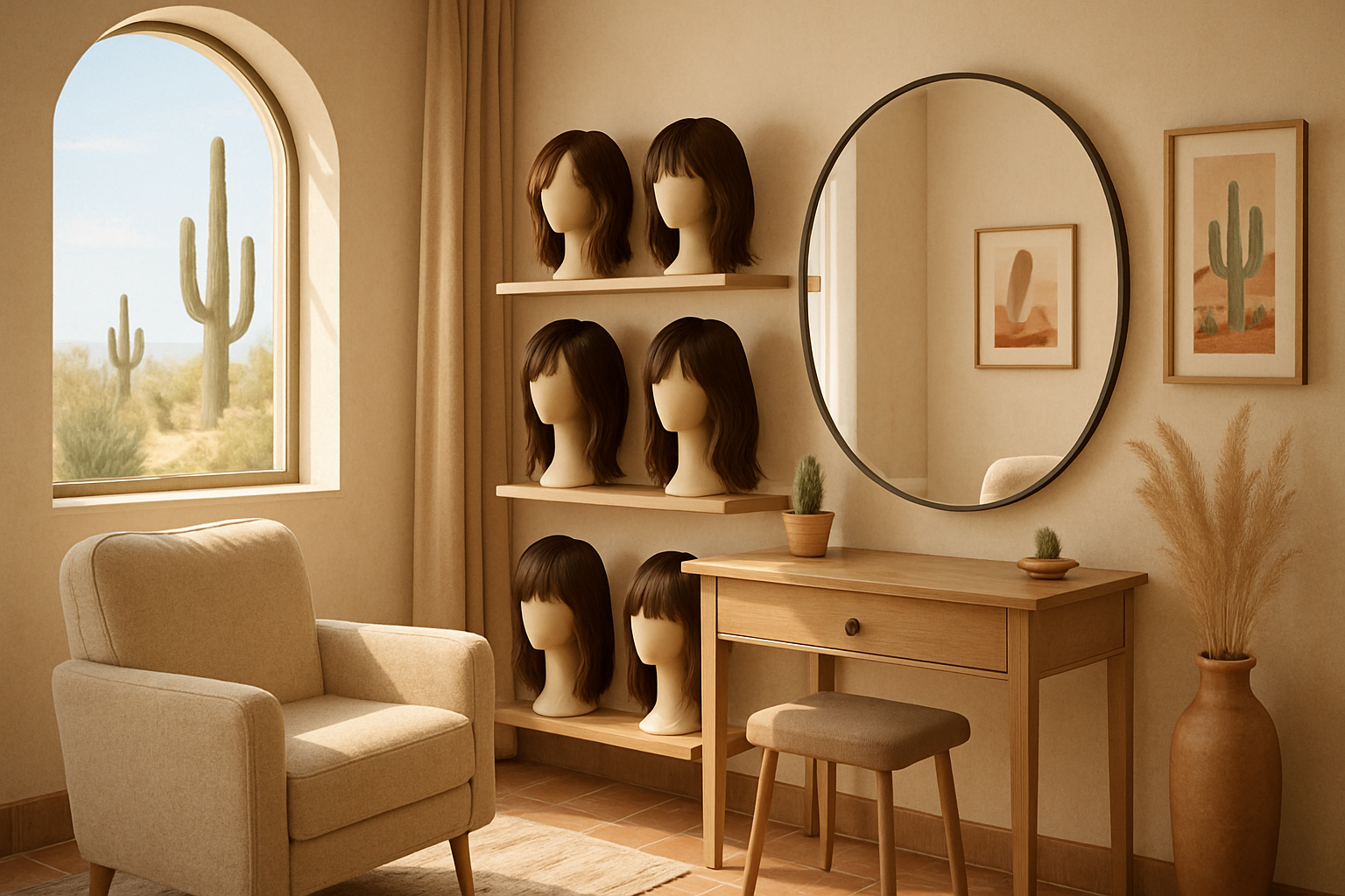 A warm and inviting private wig consultation room in Tucson, Arizona with soft natural light, a comfortable chair, a styling mirror, several high-quality wigs displayed on stands, desert-inspired decor, and a calm boutique atmosphere