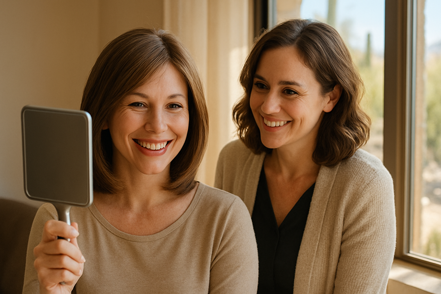 A smiling woman looking in a mirror while trying on a natural-looking shoulder-length wig during a private consultation, with a supportive wig specialist nearby and soft Tucson desert sunlight coming through the window