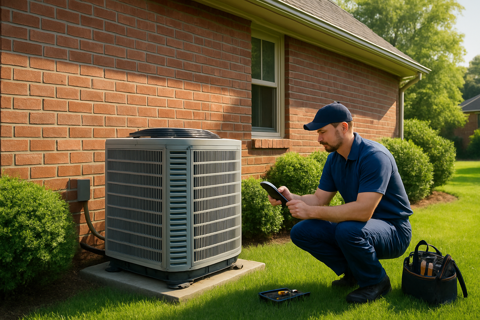 A clean residential air conditioning condenser unit beside a brick home in Grove City, Ohio on a sunny late summer afternoon, with green grass, trimmed shrubs, and an HVAC technician inspecting the unit with tools nearby