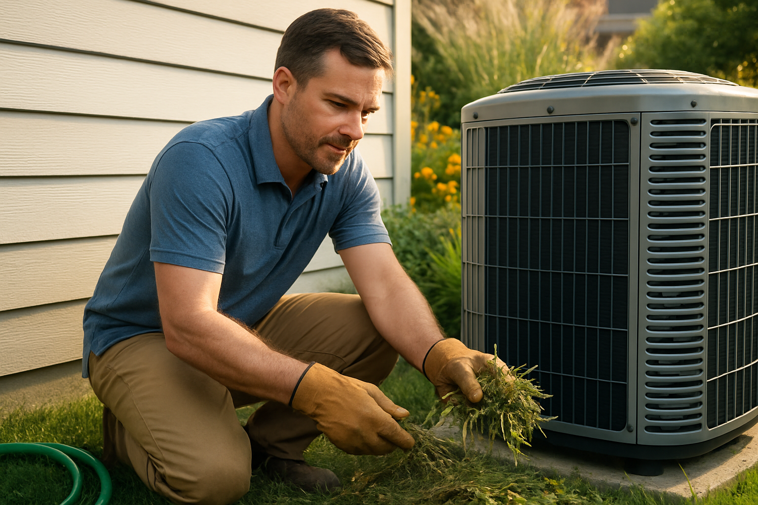 Close-up of a homeowner in Grove City, Ohio removing leaves and grass clippings from around an outdoor HVAC condenser, with a garden hose nearby and late summer landscaping in the background
