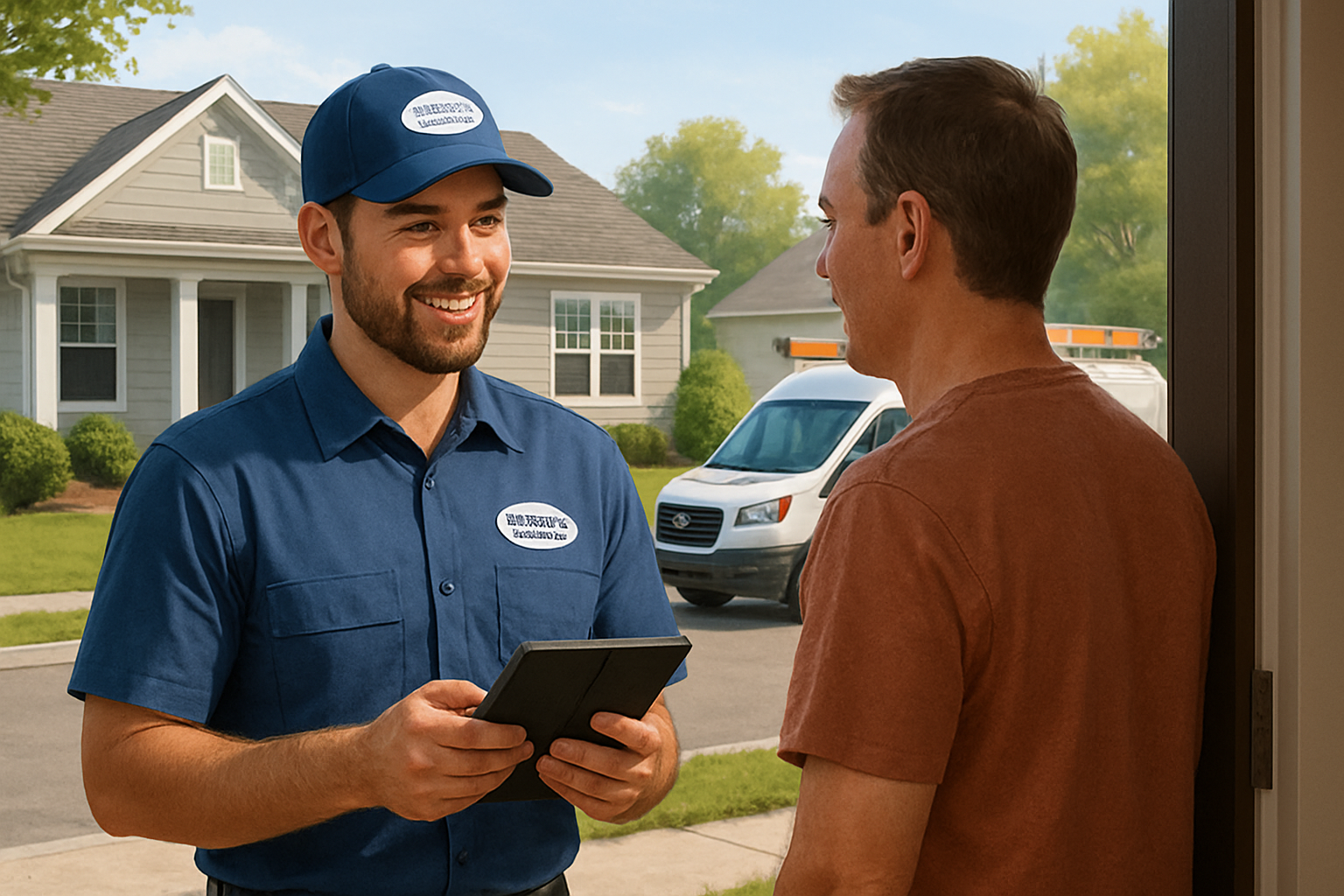 Friendly Specialty Heating LLC technician speaking with a homeowner at the front door of a suburban Grove City, Ohio home, holding a service tablet, with an HVAC service van parked in the driveway on a warm August day