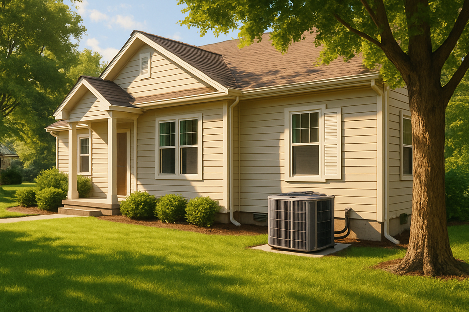 A bright August afternoon in Grove City, Ohio showing a comfortable suburban home exterior with a central air conditioning unit beside the house, green lawn, mature trees, and warm summer sunlight