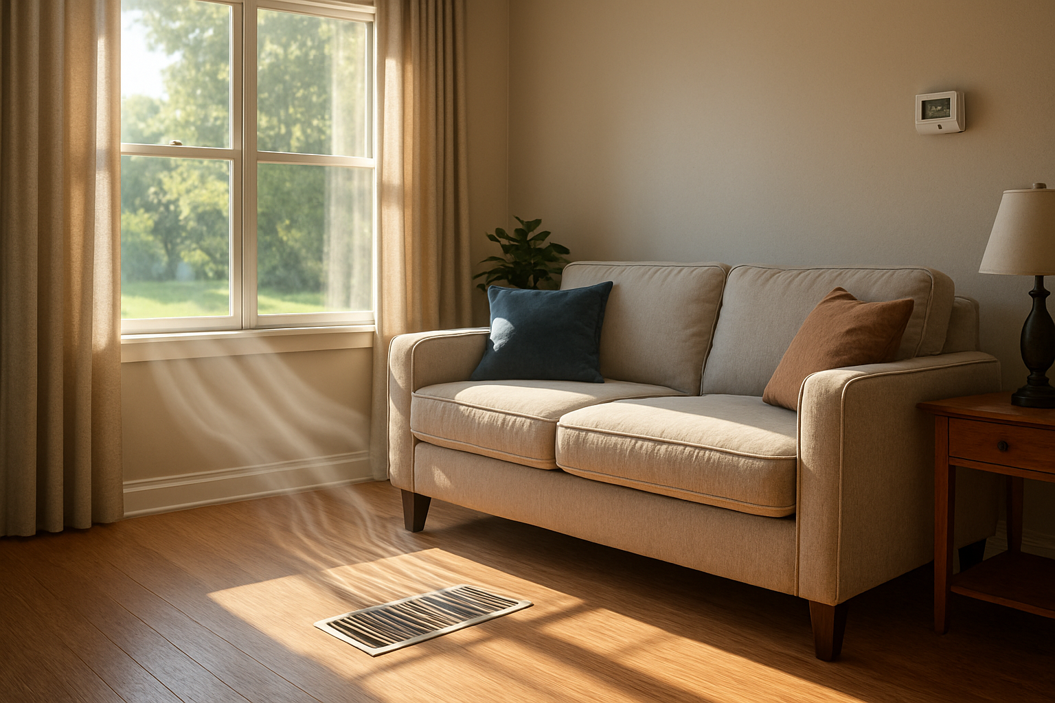 Interior living room in an Ohio home during summer with sunlight through windows, a floor vent partially blocked by a couch, thermostat on the wall, and subtle visual emphasis on poor airflow