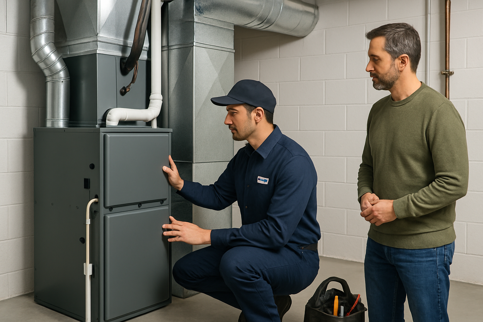 Professional HVAC technician from Specialty Heating LLC inspecting an indoor furnace and air handler system in a clean basement utility room, with tools, ductwork, and a homeowner nearby observing