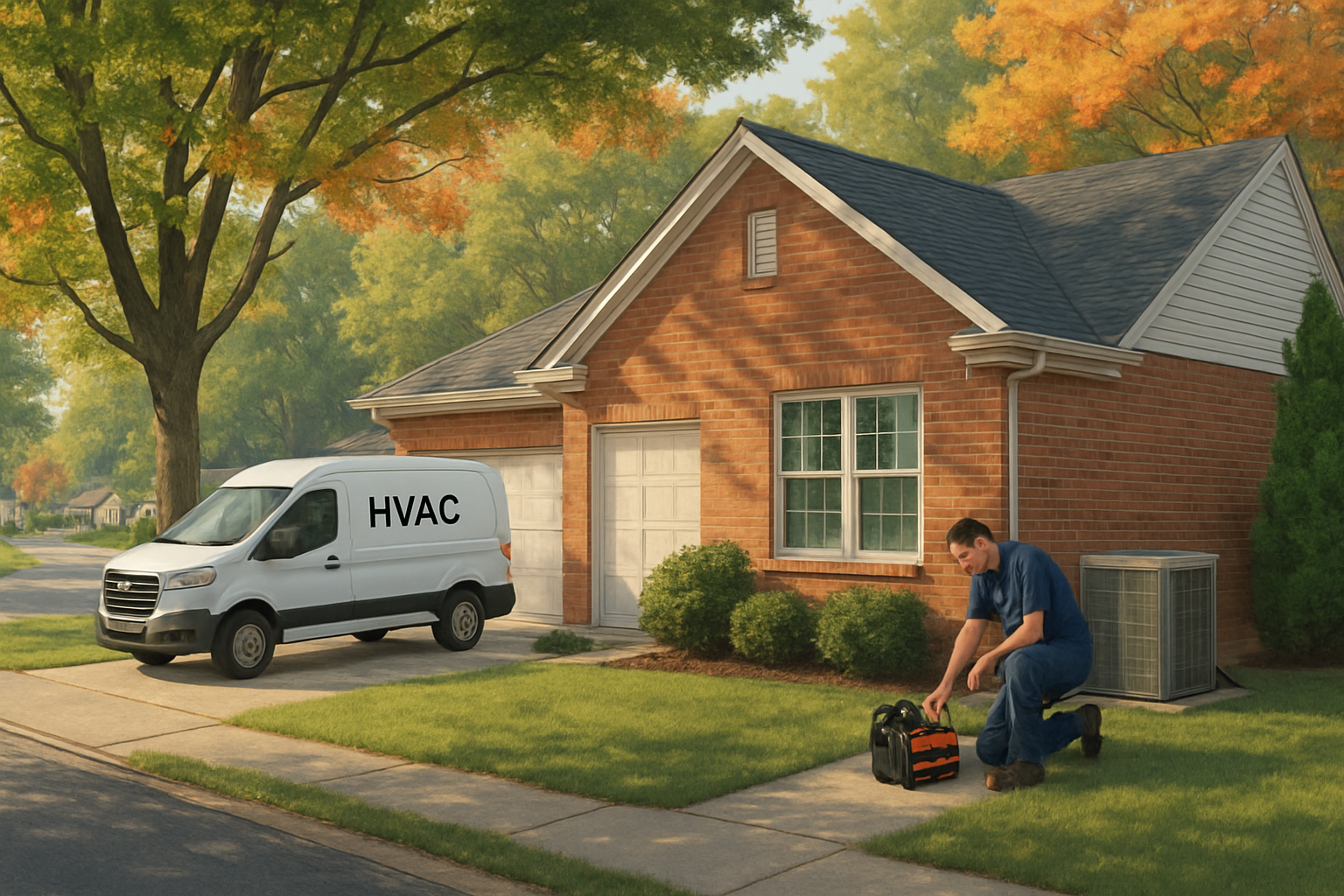 A cozy Grove City, Ohio residential street in early September with mature trees beginning to show hints of fall color, a brick suburban home in the foreground, and an HVAC service van parked in the driveway while a technician prepares tools near the outdoor unit