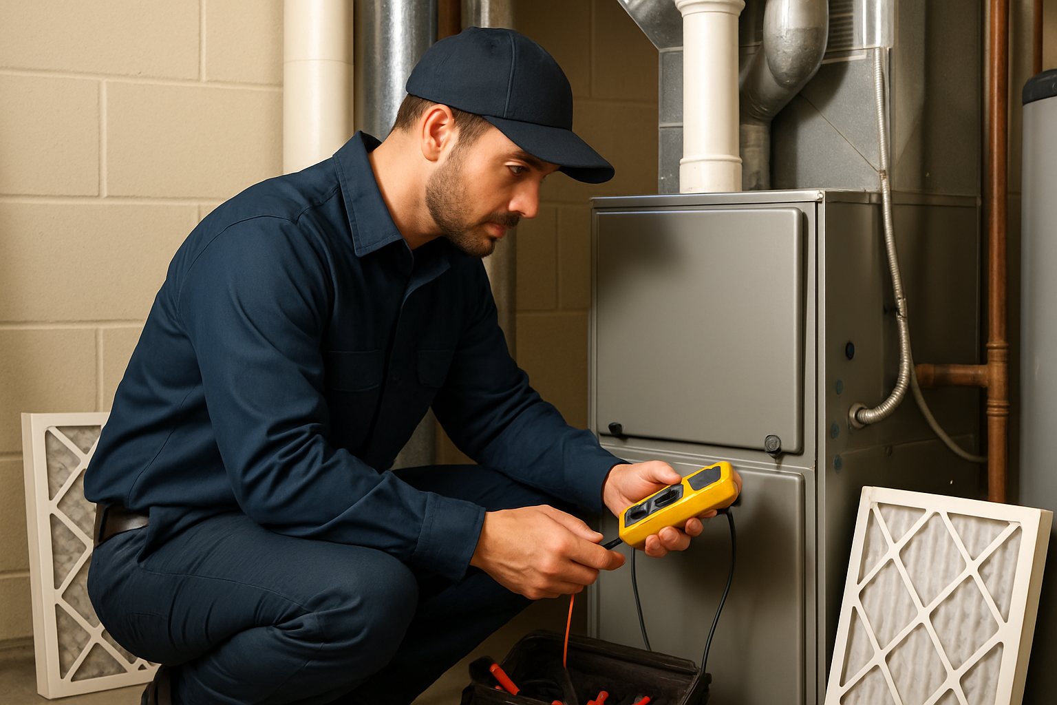 Close-up of a professional HVAC technician in a clean uniform inspecting a residential furnace inside a neat basement utility room, with tools, a digital meter, and a clean filter visible, warm indoor lighting creating a trustworthy service atmosphere