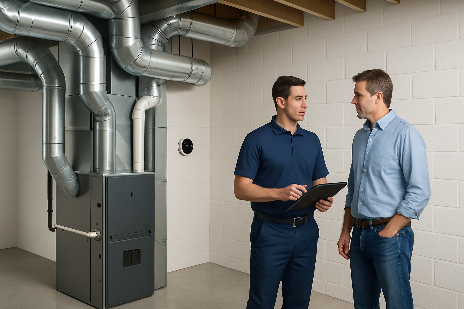 A modern high-efficiency HVAC system installed in a bright clean basement of a Central Ohio home, with new ductwork connections, a smart thermostat shown on a nearby wall, and a technician reviewing the setup with a homeowner