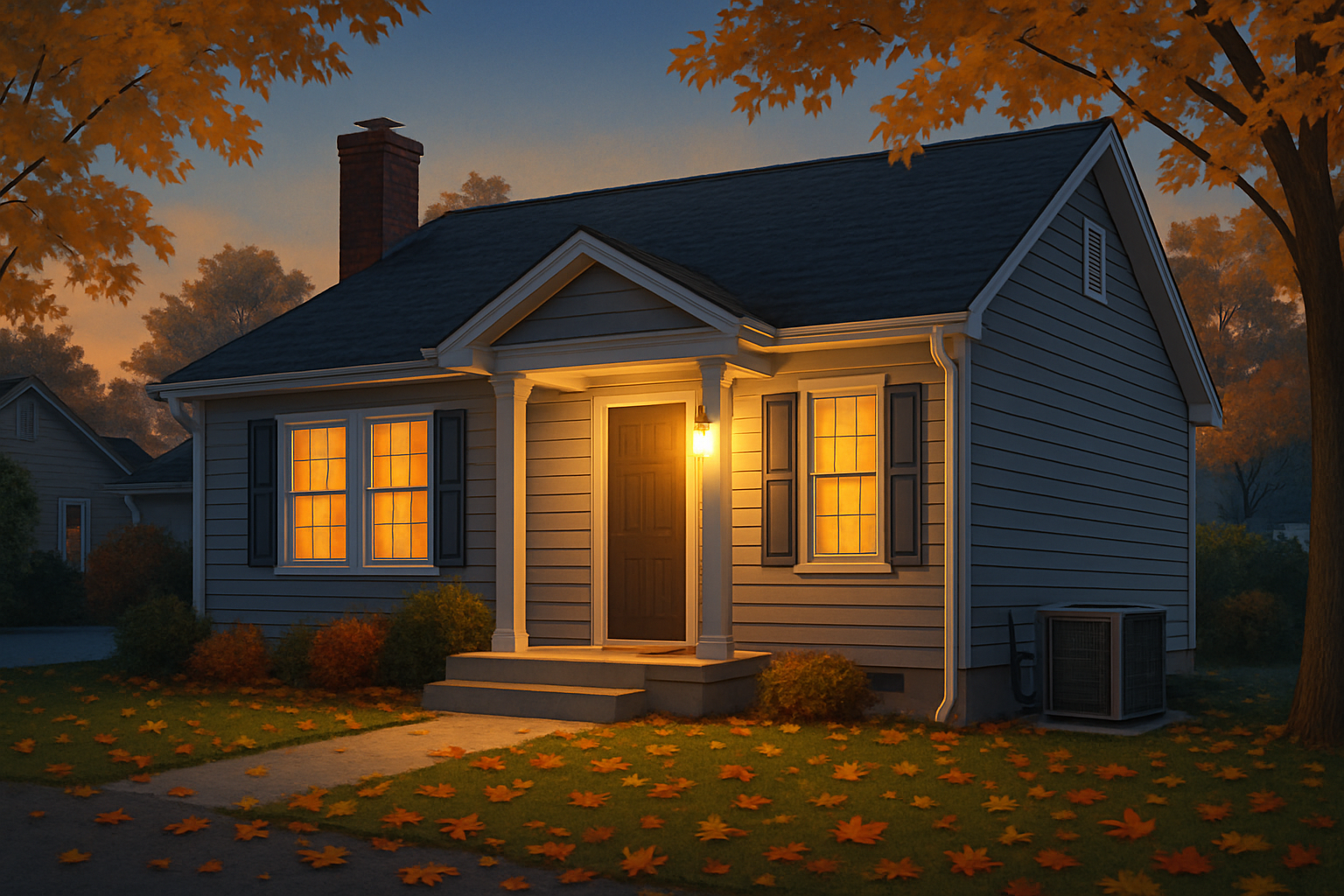 A cozy suburban Grove City, Ohio home in early September at dusk, warm porch lights glowing, colorful early fall leaves beginning to collect on the lawn, with a visible outdoor HVAC unit beside the house