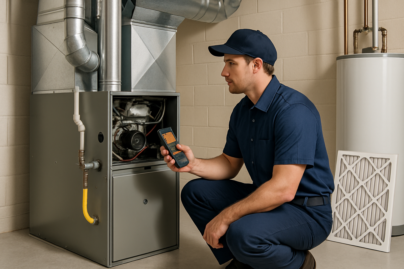 A professional HVAC technician in a clean uniform inspecting a residential furnace in a bright basement utility room, holding a diagnostic tool, with organized ductwork and a new air filter nearby