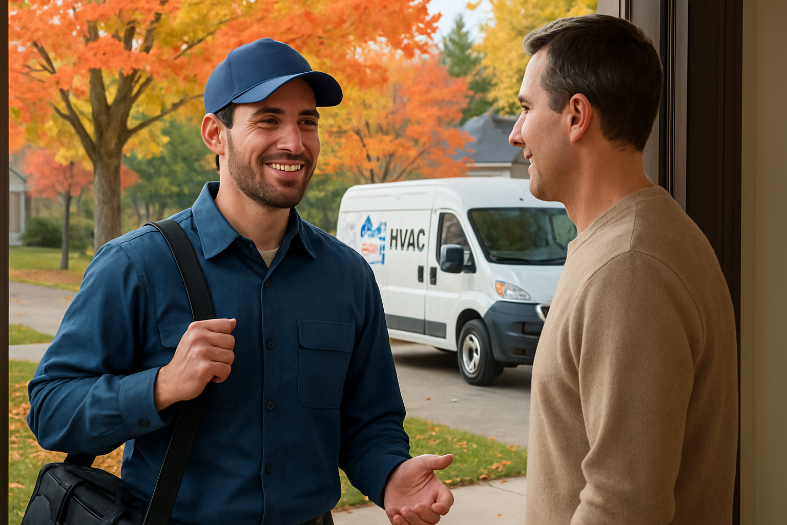 A friendly HVAC technician from a local Grove City company speaking with a homeowner at the front door on a crisp early fall morning, service van parked in the driveway, maple trees with hints of red and yellow leaves in the background