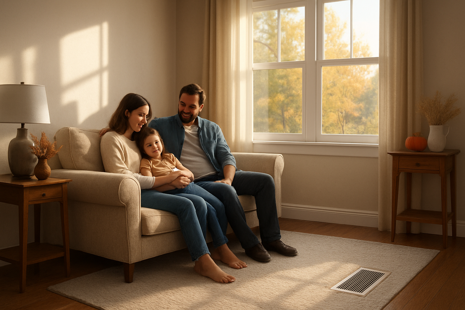 A cozy Grove City Ohio living room in early September with soft morning sunlight, clean HVAC floor vent, a family relaxing on a couch, and subtle fall decor near a window with trees outside beginning to change color