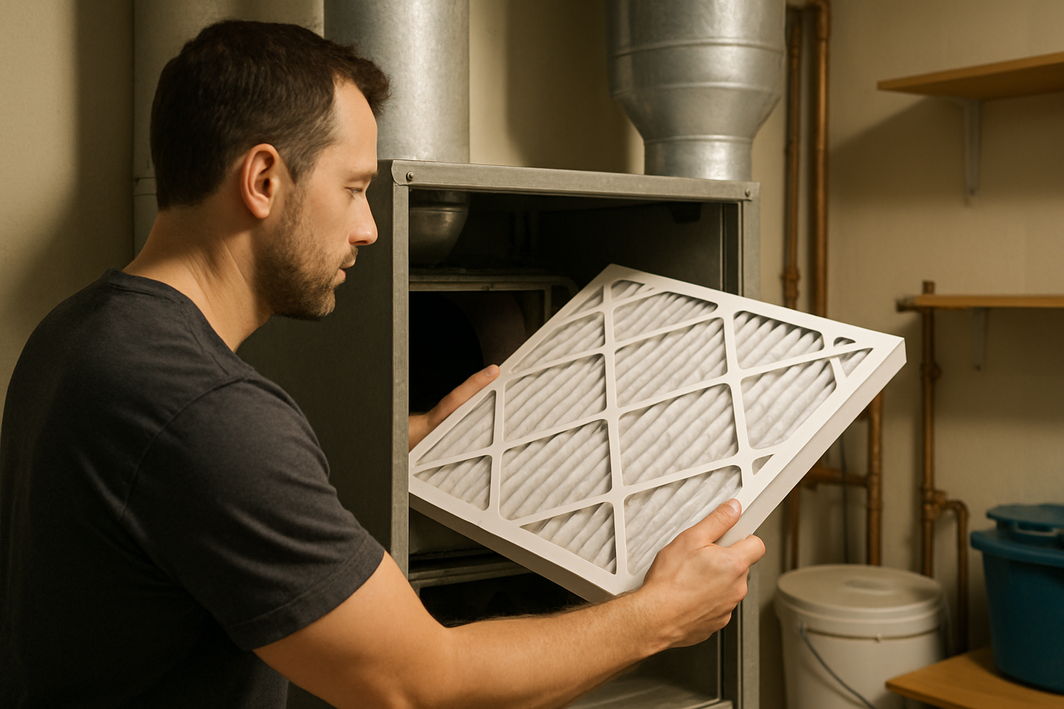 Close-up of a homeowner replacing a clean pleated HVAC air filter in a residential furnace cabinet, with soft workshop lighting, visible filter arrows, and a neat utility room setting