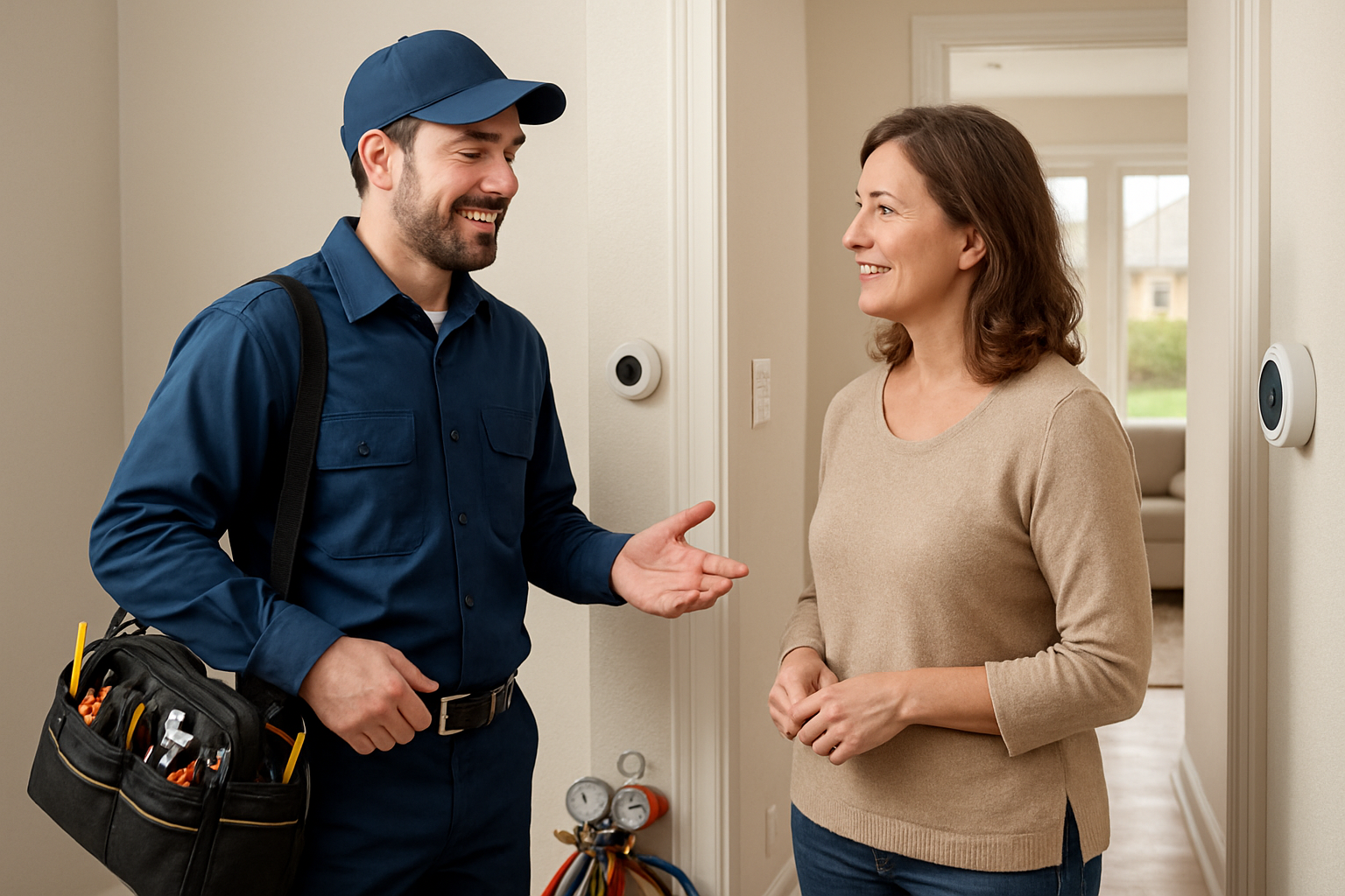 Friendly HVAC technician from a local heating and cooling company speaking with a homeowner beside a thermostat in a bright hallway, with HVAC tools nearby and an inviting suburban Grove City Ohio home interior