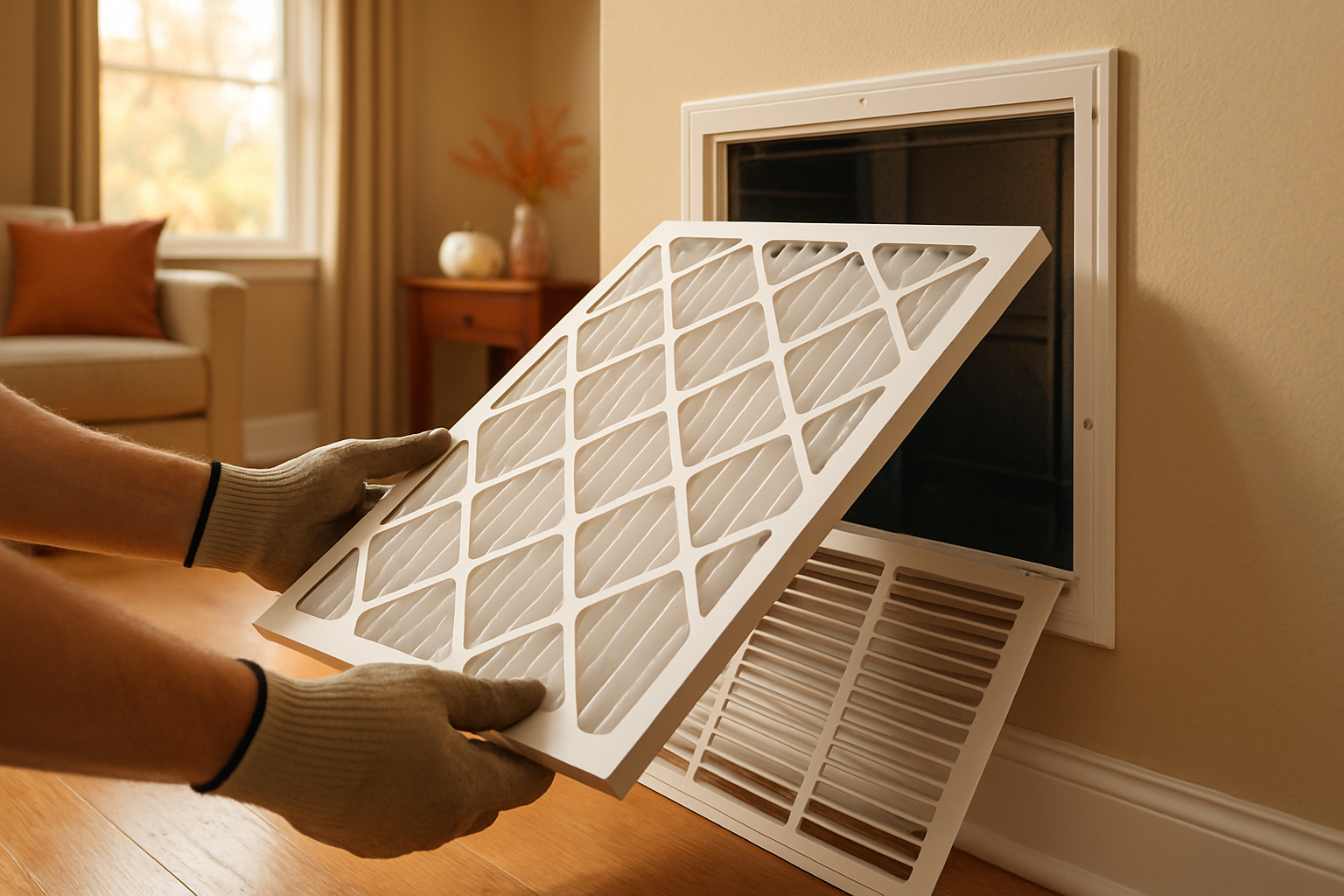 A clean residential HVAC air filter being removed from a return air grille inside a well-lit Grove City, Ohio home, with subtle fall decor, warm natural light, and a technician’s hands wearing work gloves