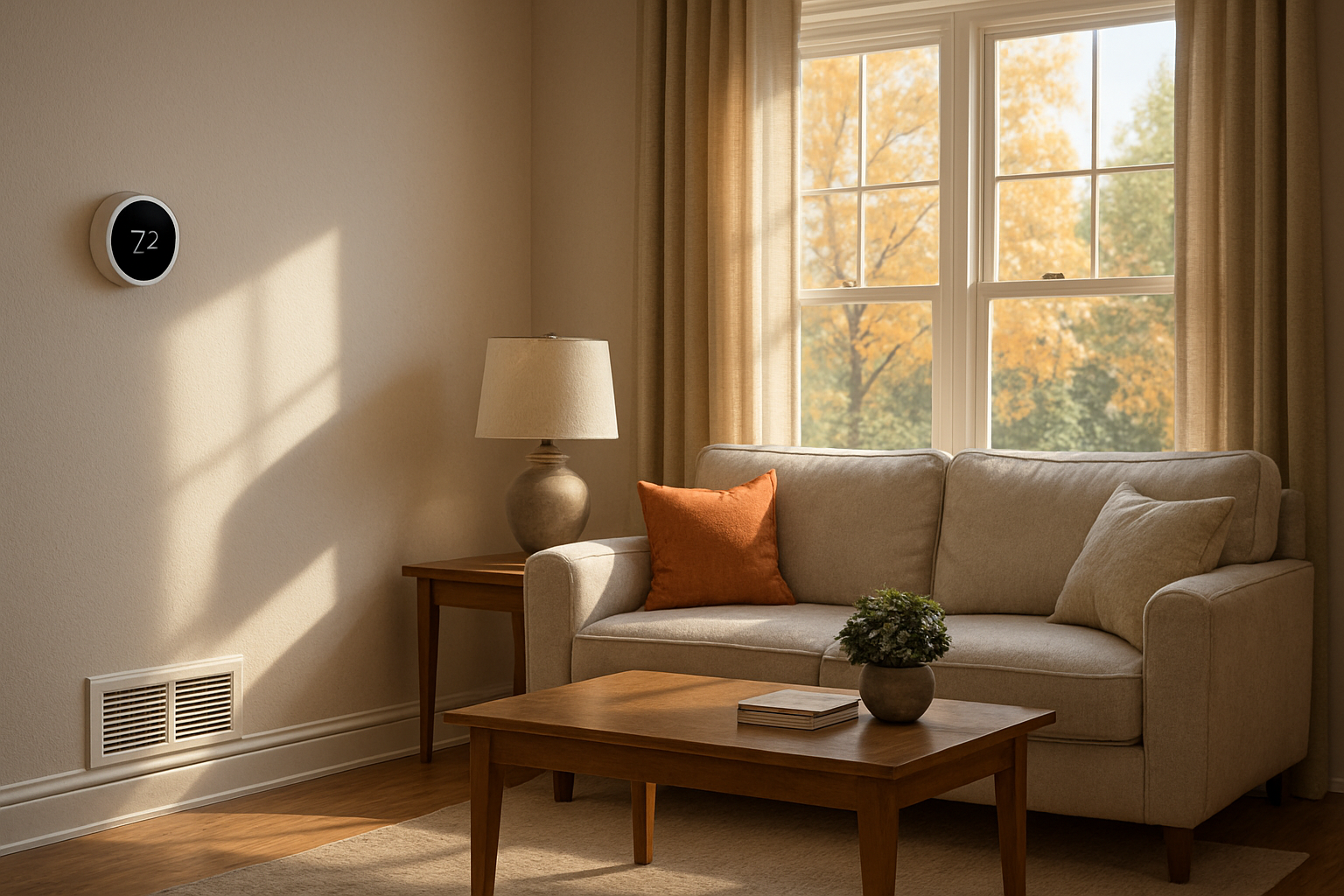 A cozy Grove City, Ohio living room in early September with a thermostat on the wall showing mild fall temperatures, clean air vents, soft morning light, and trees beginning to change color outside the window