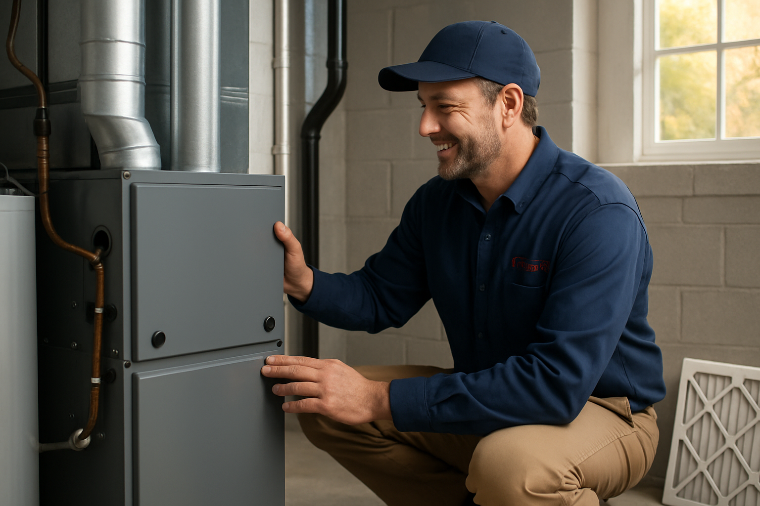 A friendly HVAC technician from Specialty Heating LLC inspecting a residential furnace in a clean basement utility room in Grove City, Ohio, with a new pleated filter nearby and early fall light coming through a small window