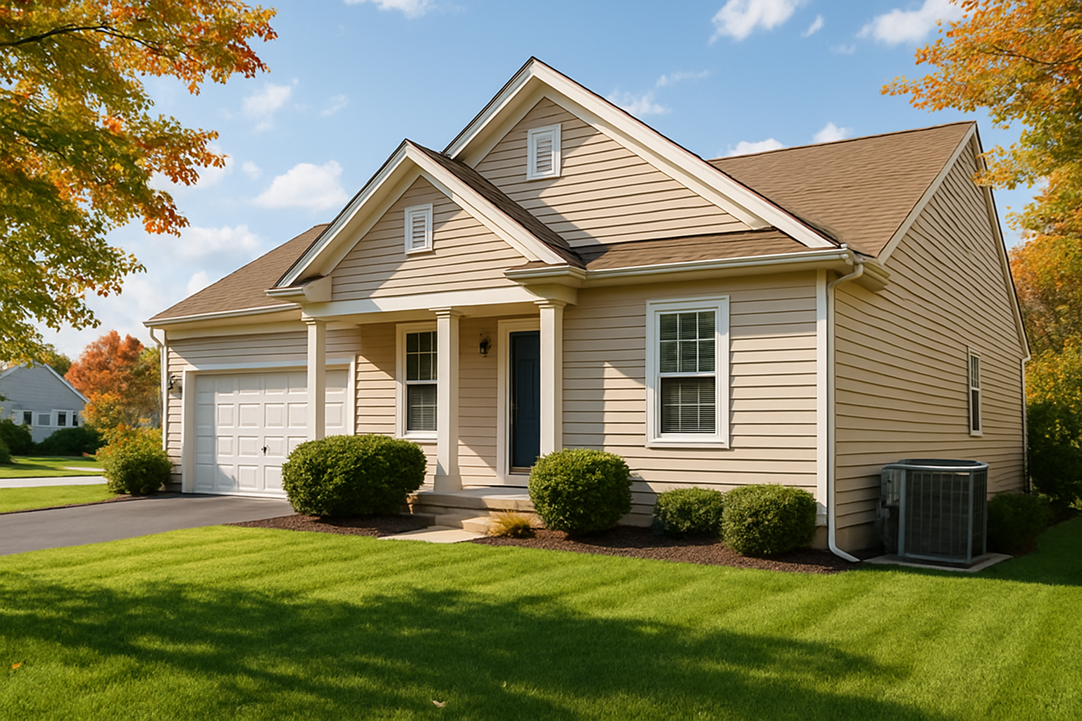 A well-maintained suburban home in Grove City, Ohio in early September, with green lawn, hints of fall leaves beginning to turn, and an outdoor air conditioning unit beside the house on a sunny afternoon