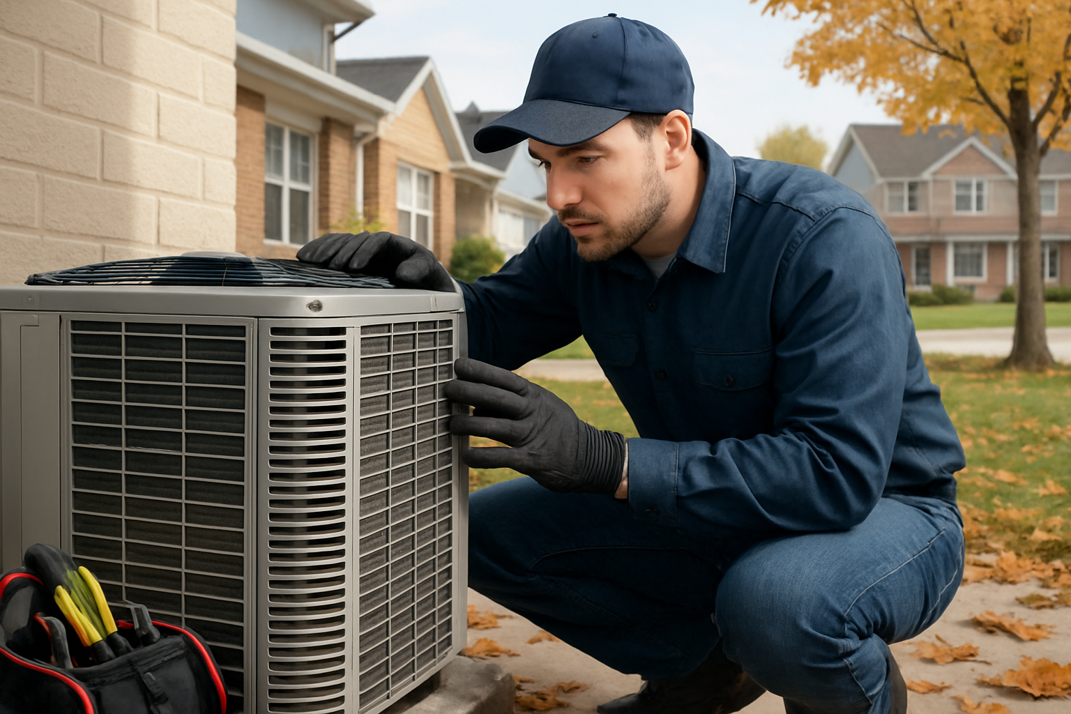 Close-up of an HVAC technician inspecting the outdoor condenser unit of a residential air conditioner, with tools nearby, fallen early autumn leaves on the ground, and a Grove City neighborhood in the background