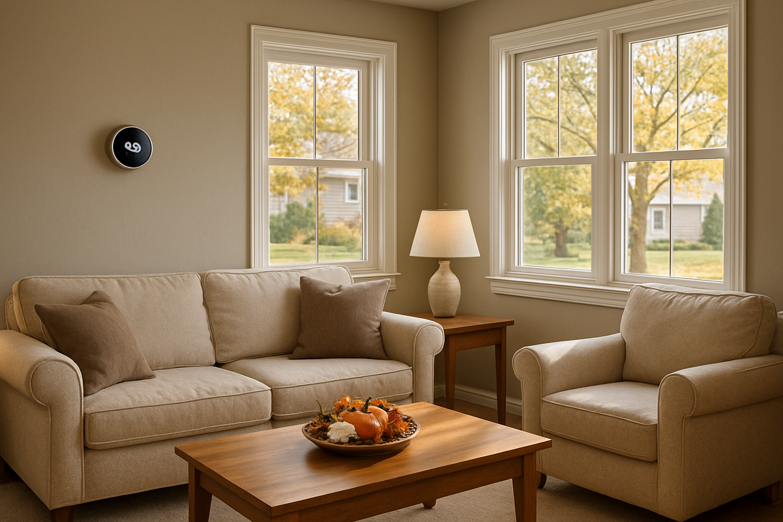 Comfortable living room in a Grove City, Ohio home in September, with a thermostat on the wall showing cool indoor temperature, soft natural light through windows, and subtle fall decor on a coffee table
