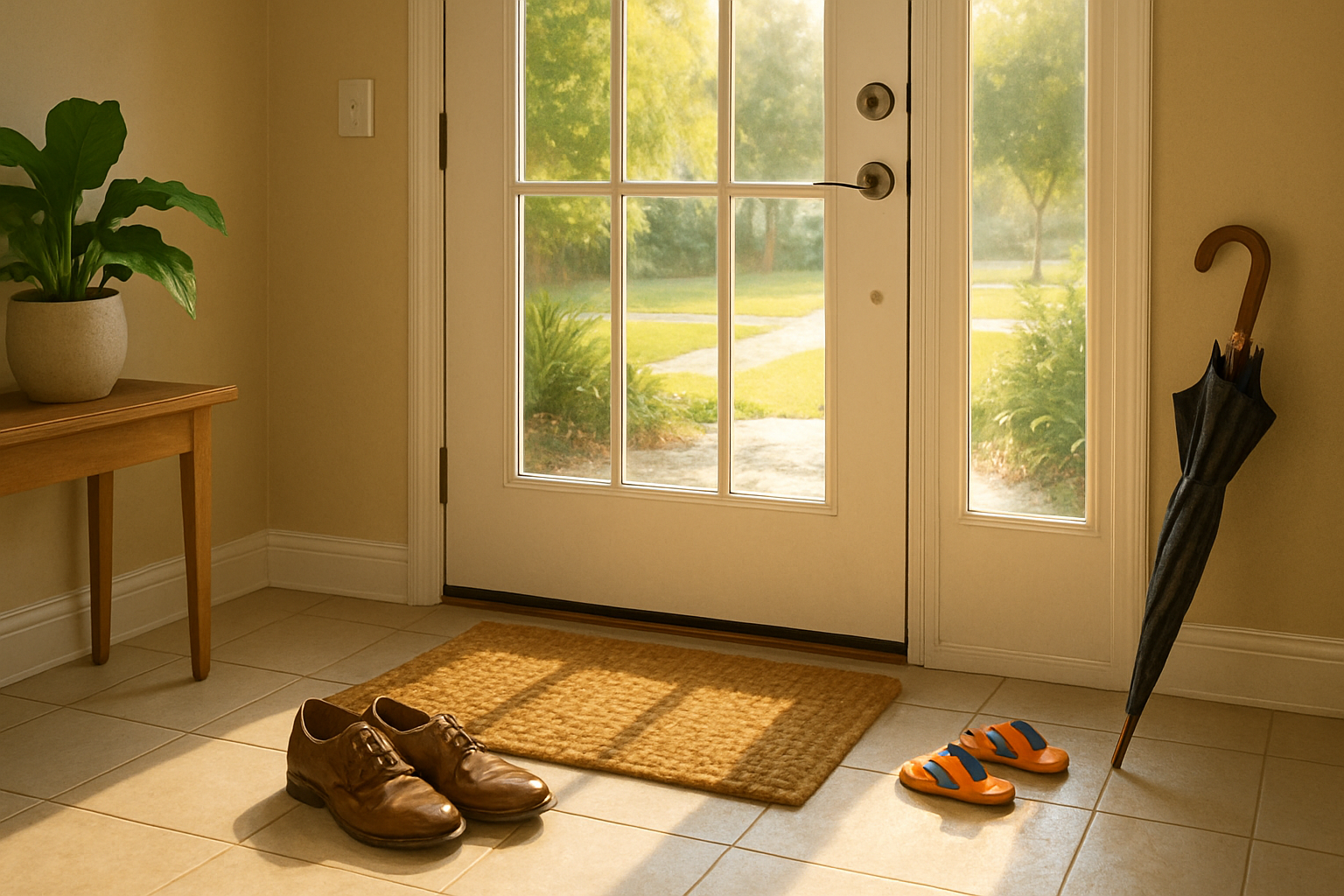 Bright Houston home entryway in August with sunlight coming through glass front door, clean tile floor, woven doormat, pair of shoes by the entrance, and subtle signs of summer like a wet umbrella and kids sandals nearby