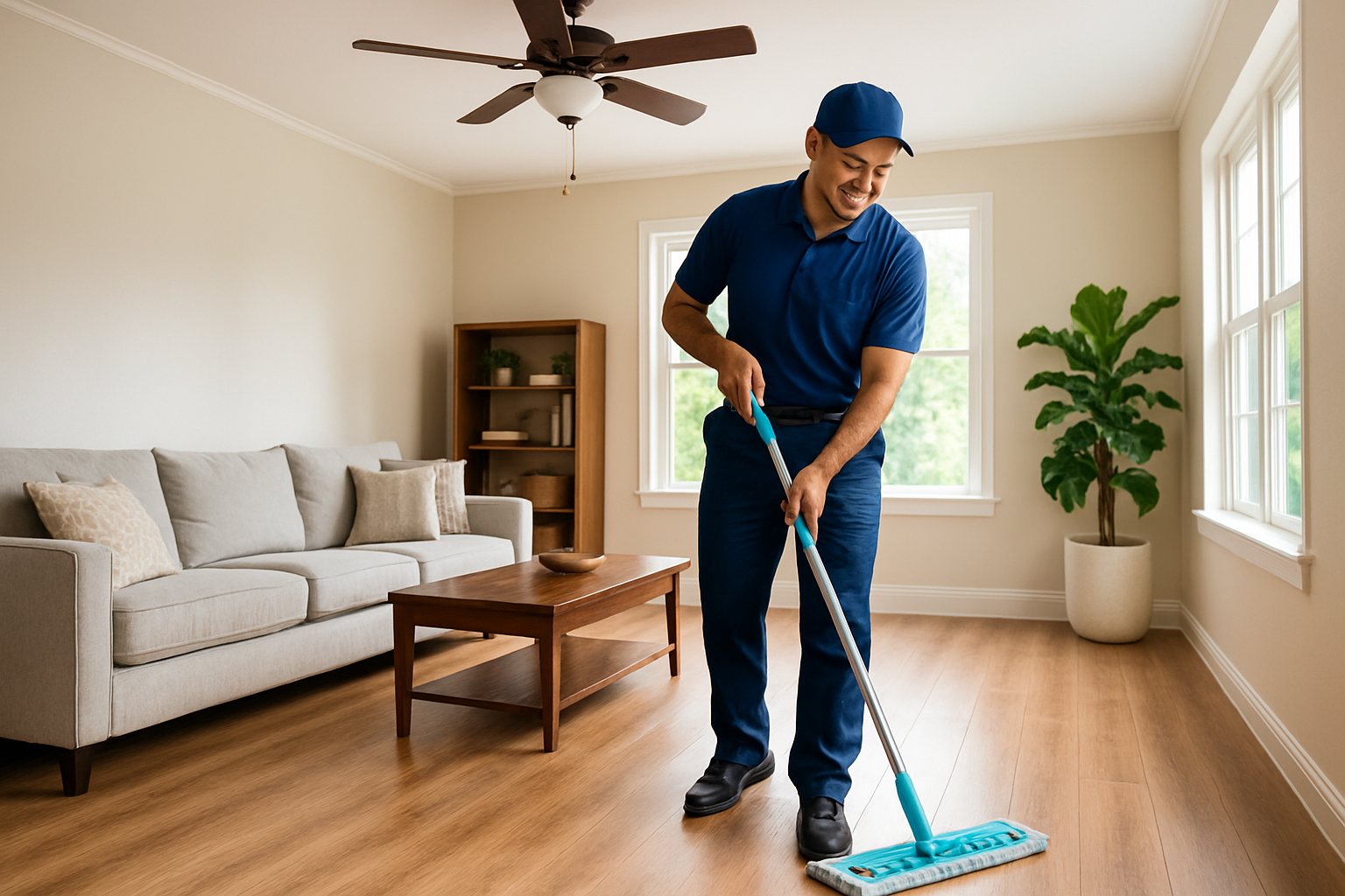 Professional cleaner in a Houston living room using a microfiber mop on a clean luxury vinyl plank floor, with ceiling fan, bright summer light, and organized family space in the background