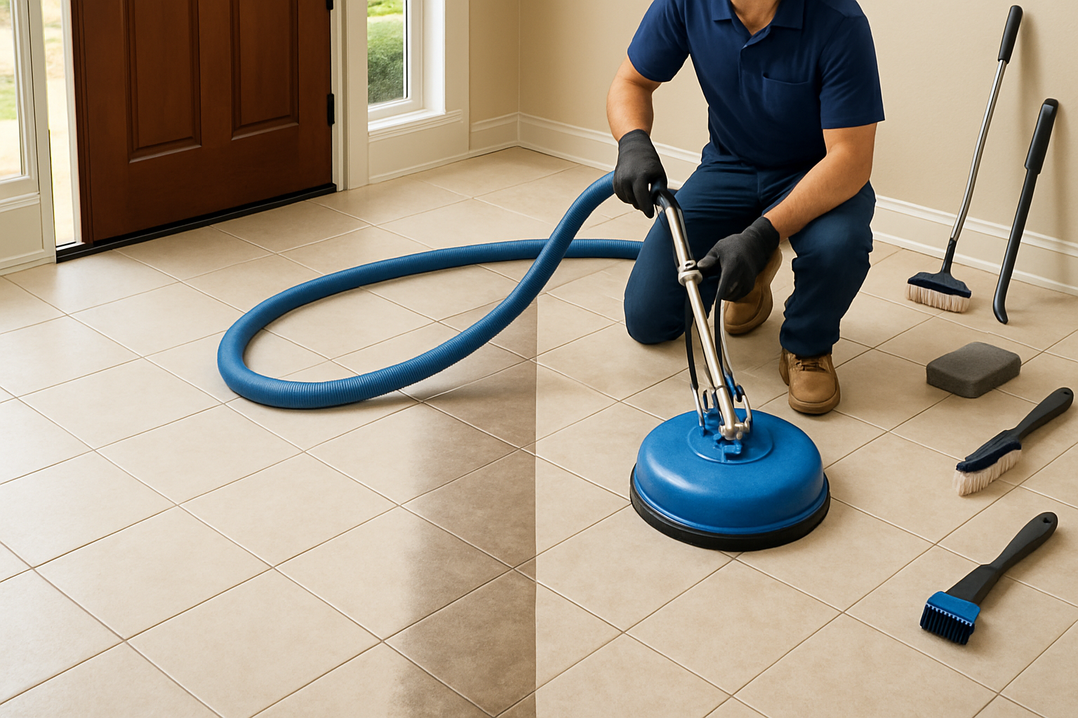 Before-and-after style scene of a Houston home tile floor being professionally cleaned, showing bright clean grout on one side and darker high-traffic grout on the other, with cleaning tools neatly arranged
