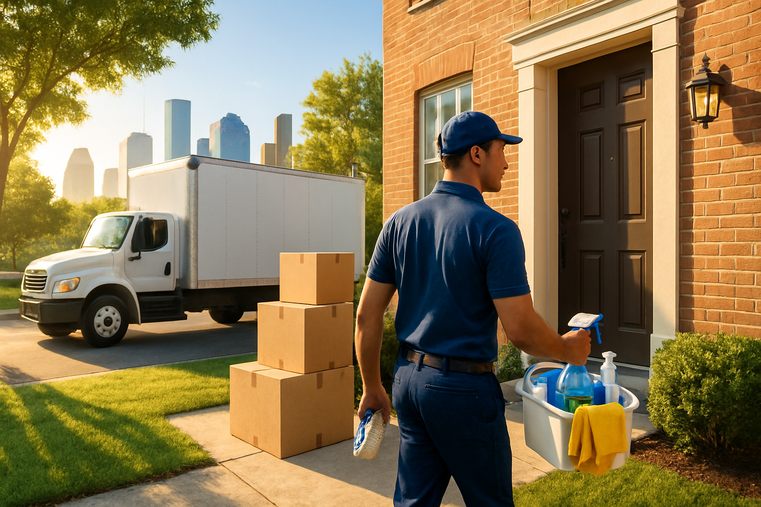 Bright August morning in Houston, Texas with a moving truck parked outside a townhome, boxes stacked near the front door, warm sunlight, and a professional cleaner carrying supplies toward the entryway