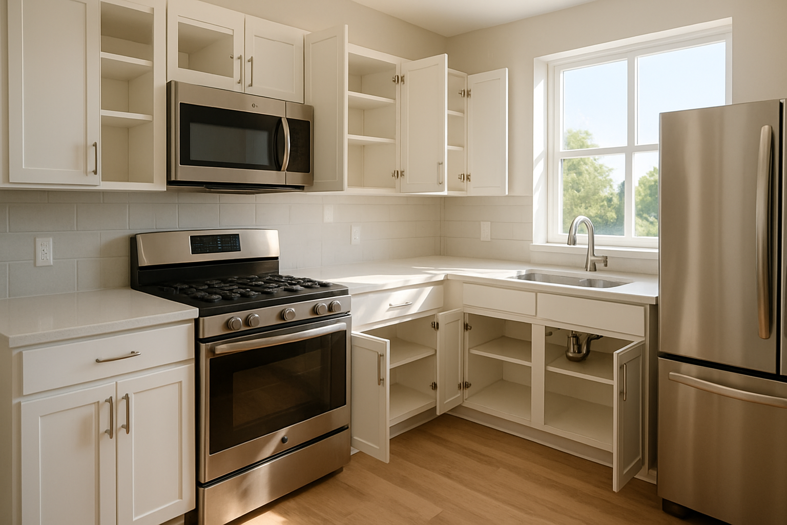Detailed close-up of a spotless apartment kitchen in Houston after move-out cleaning, with shining stainless steel appliances, clean white countertops, open empty cabinets, and natural summer light coming through the window